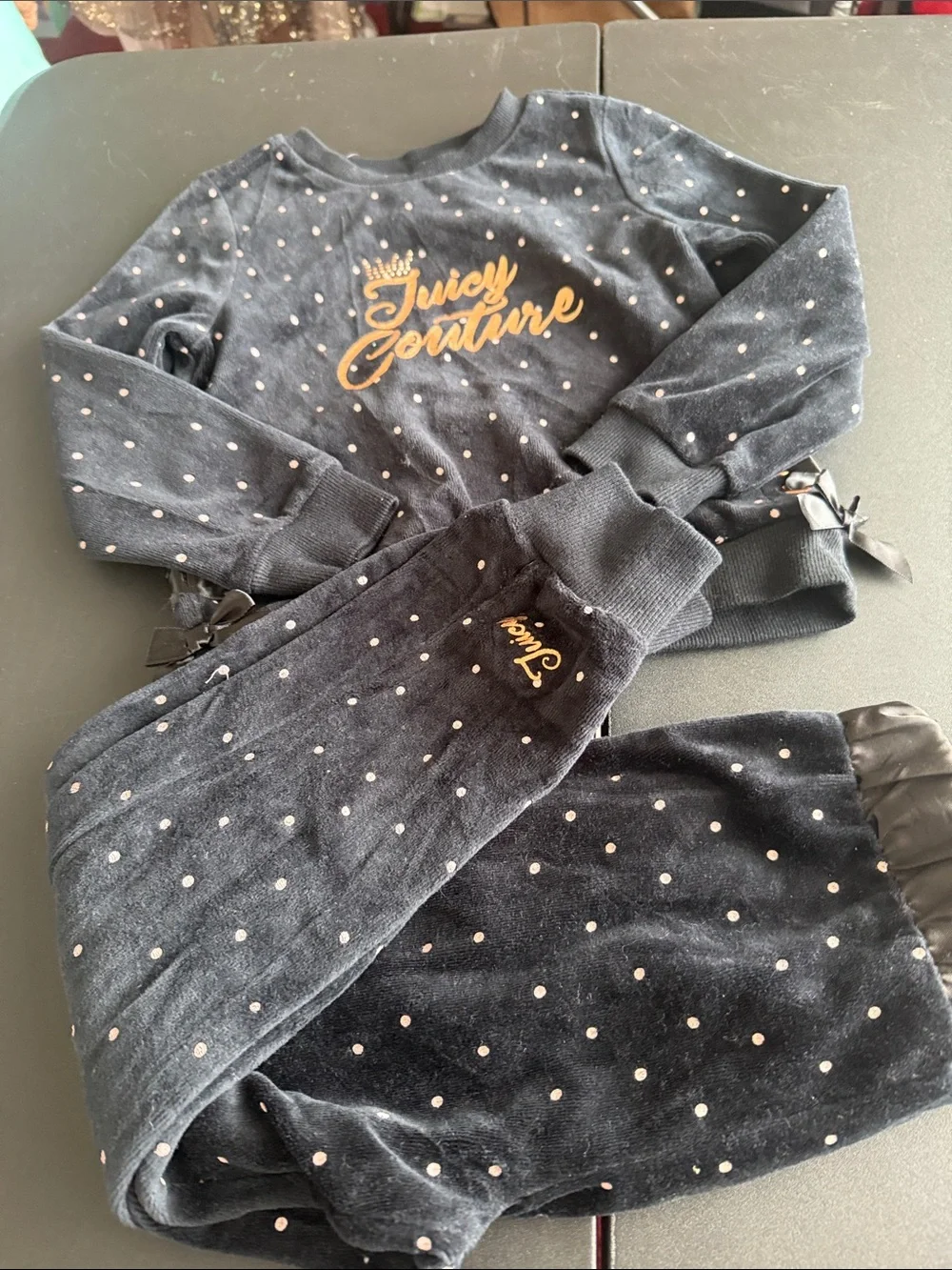 Juicy Couture Black Velour Polka Dot Sweat Set with Gold Logo